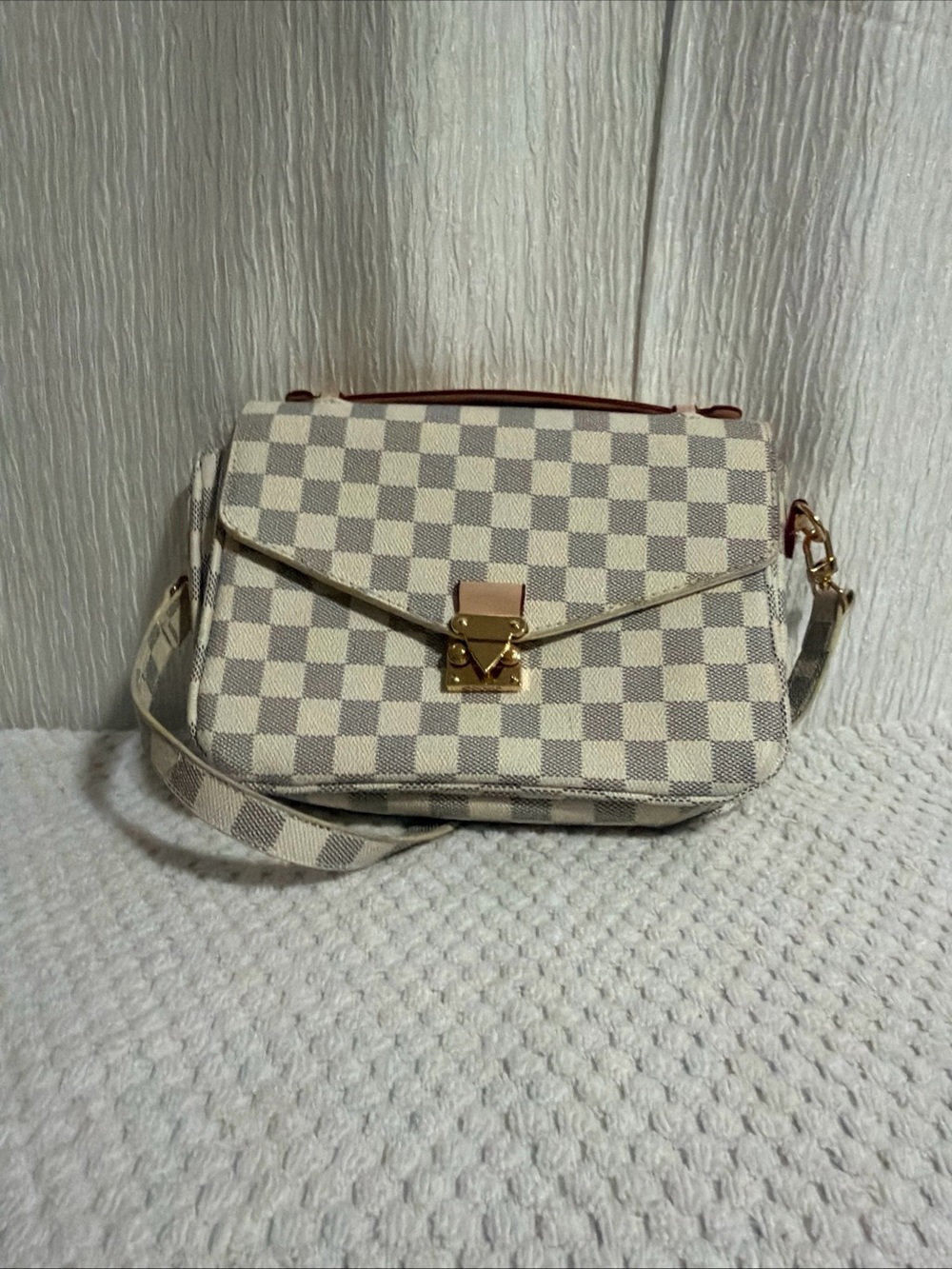 Cream Check Crossbody Shoulder Bag with Gold Hardware